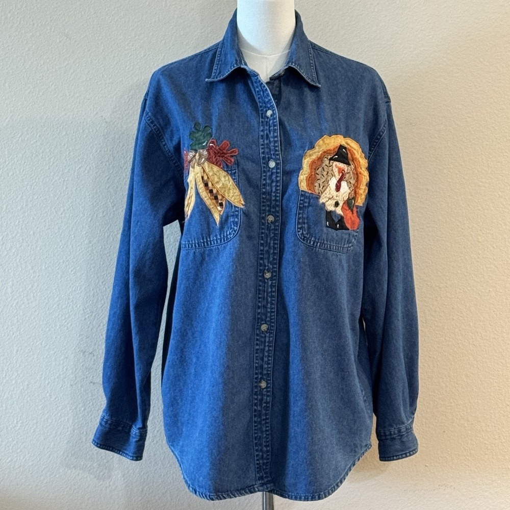 Vintage YNOT Denim Shirt L Thanksgiving Turkey Corn Applique Harvest Teacher